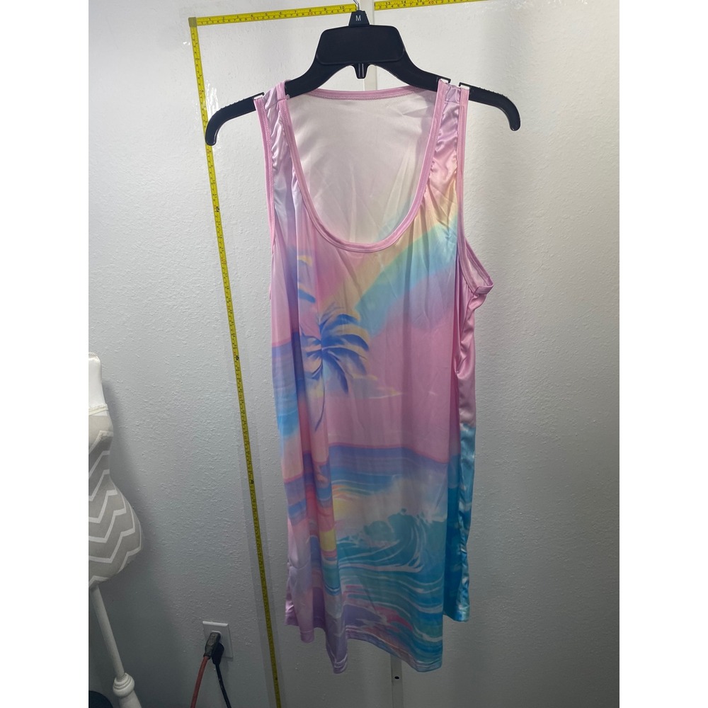 Tropical Sunset Palm Tree Rainbow Tank‎ Dress Pink Blue Sleeveless Mini Medium